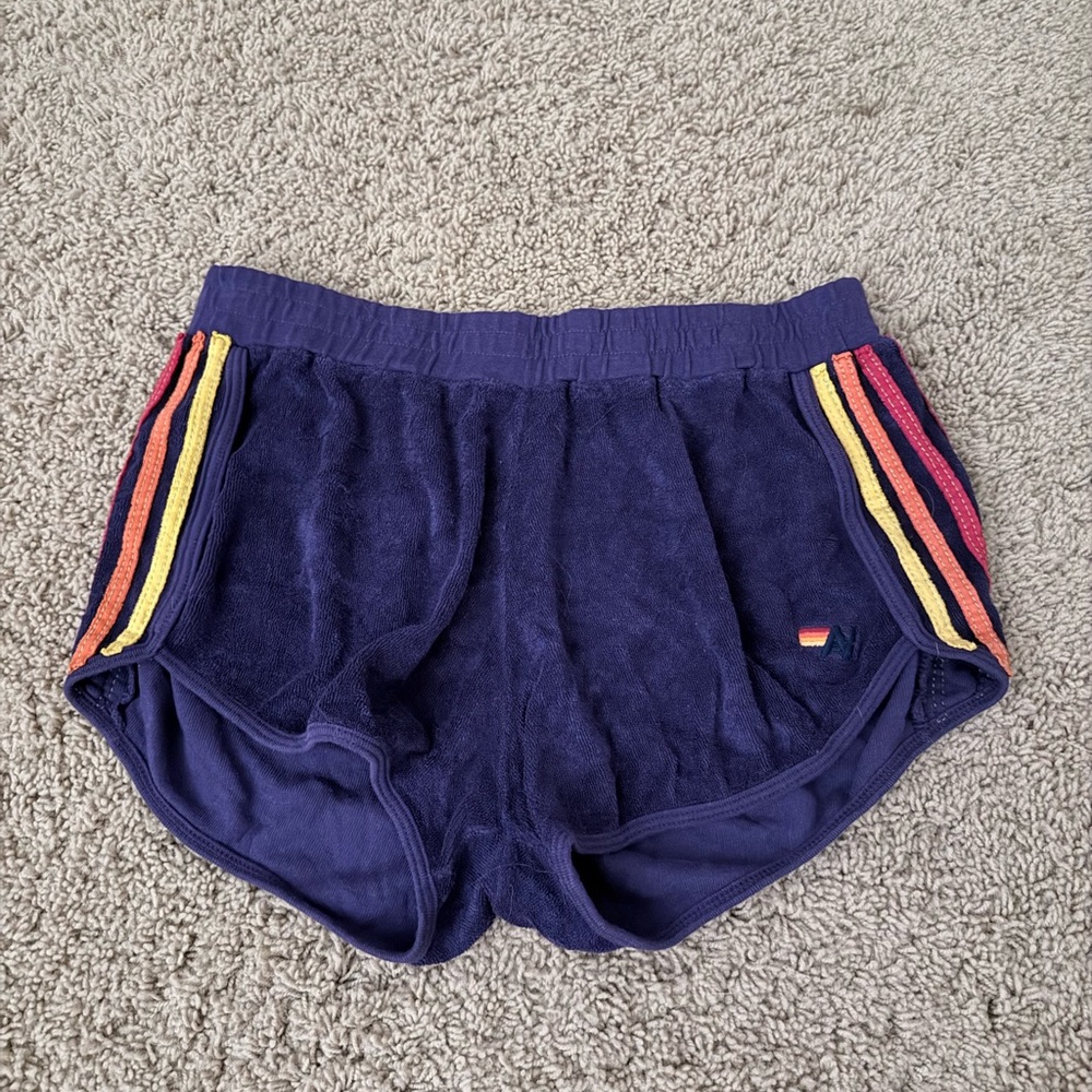 Aviator Nation Blue Shorts with Rainbow Stripes